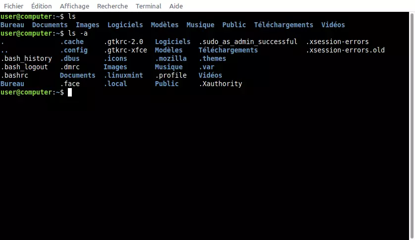 terminal, liste des fichiers et dossier y compris caché